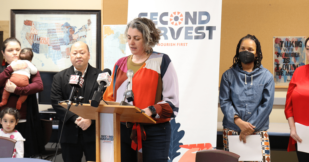 041522_CapacityGrantAnnouncement_BlogImage | Second Harvest Foodbank of Southern Wisconsin Michelle Orge, Second Harvest President/CEO speaking at capacity grant press conference