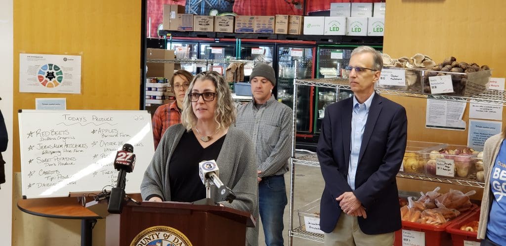 CEO Michelle Orge speaks at Dane County Executive's press conference