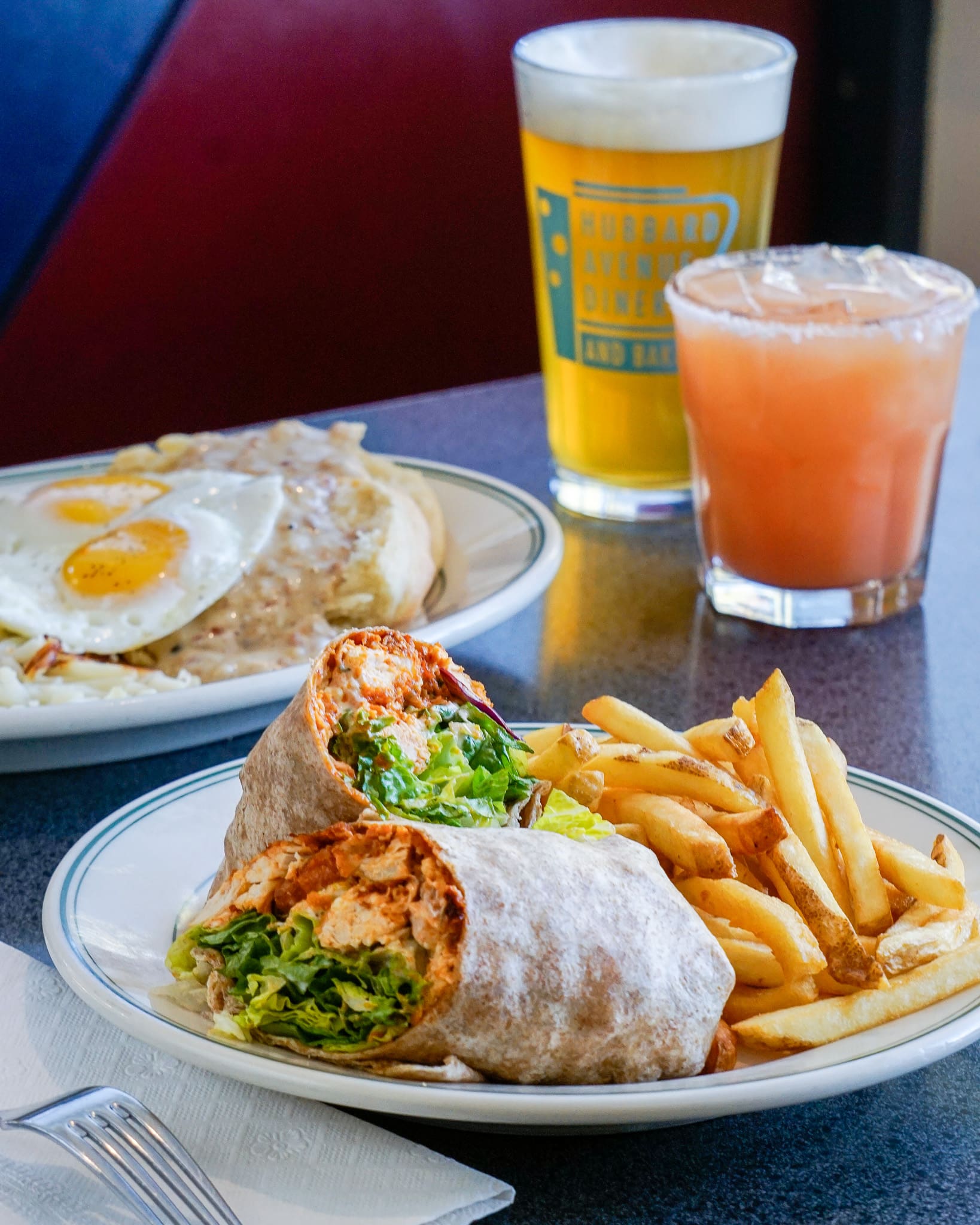 Chicken wrap with biscuits and gravy.