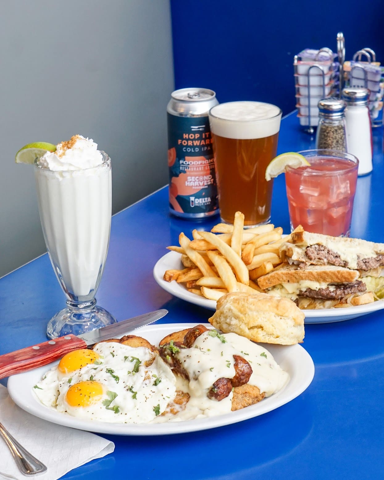 American breakfast with lime milkshake.