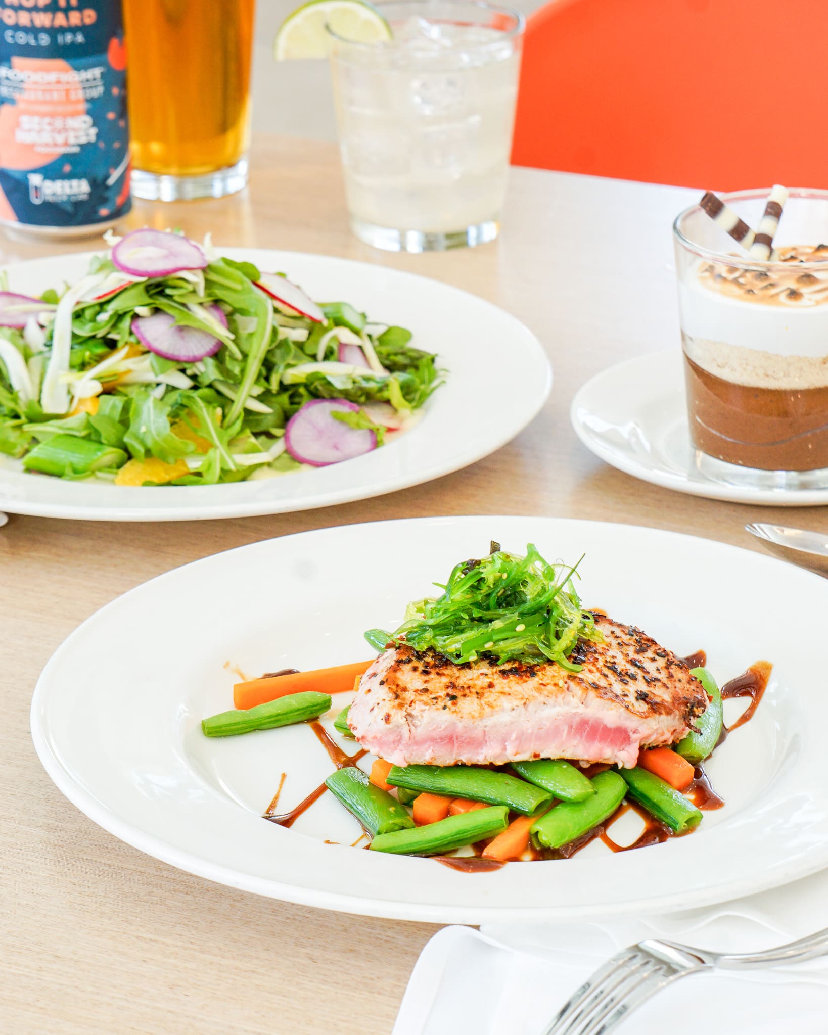 Tuna steak and salad.