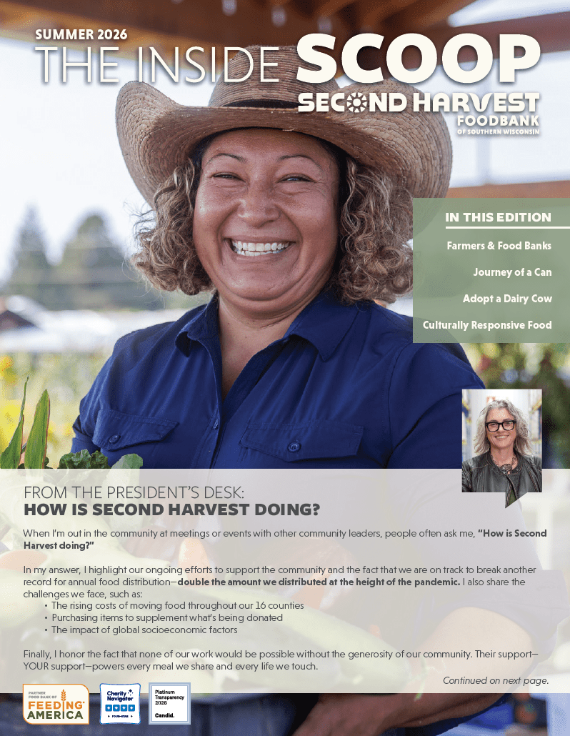 Smiling farmer in a blue shirt and straw hat on a farm cover image for the inside scoop summer 2026 from second harvest food bank